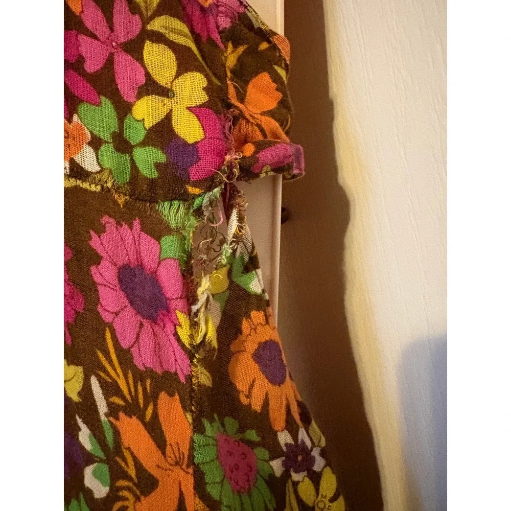Free People Floral Halter Maxi Dress Brown Linen Blend O-Ring Open Back Size 6